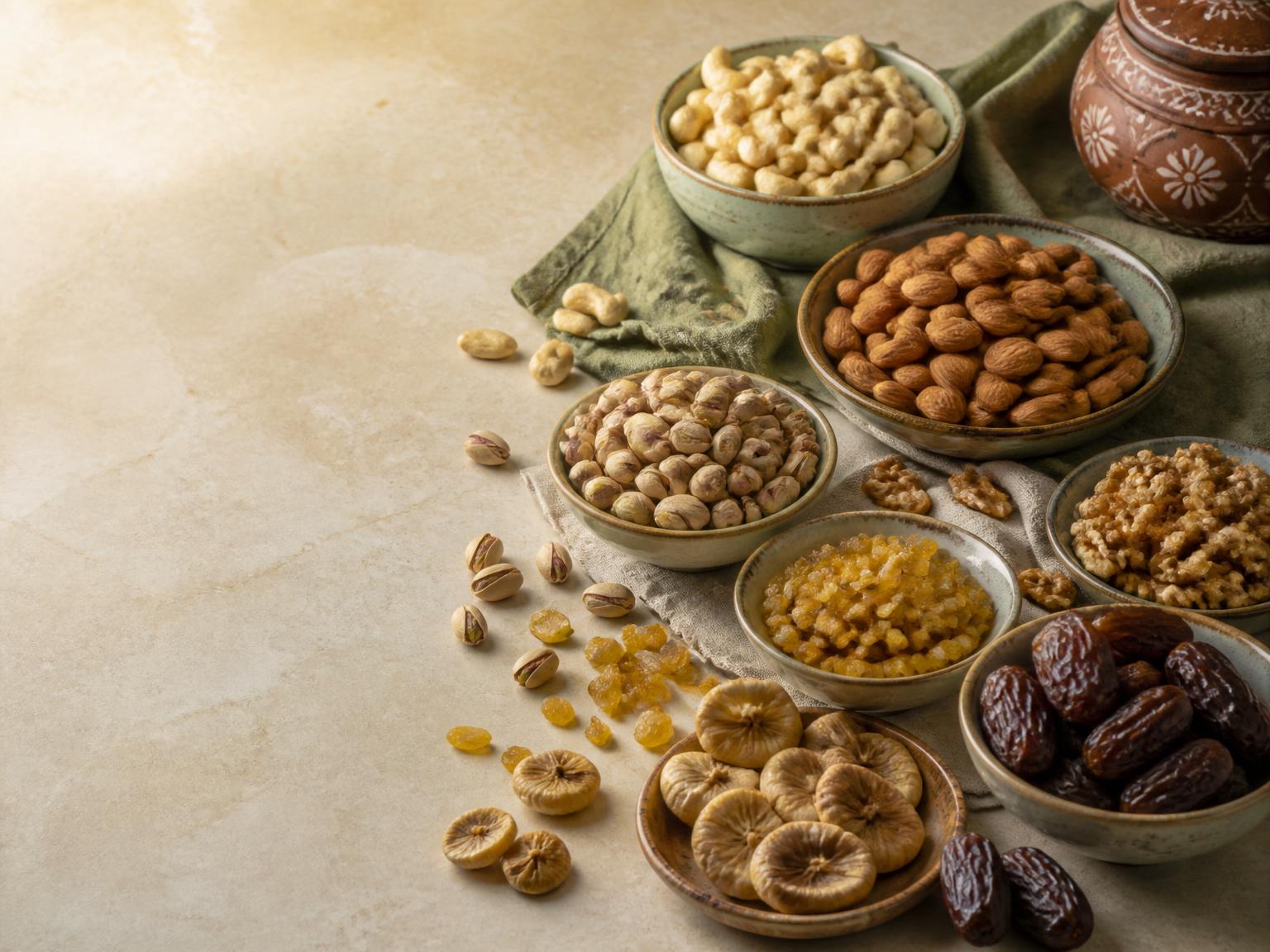 Premium Indian nuts and dry fruits arranged in ceramic bowls